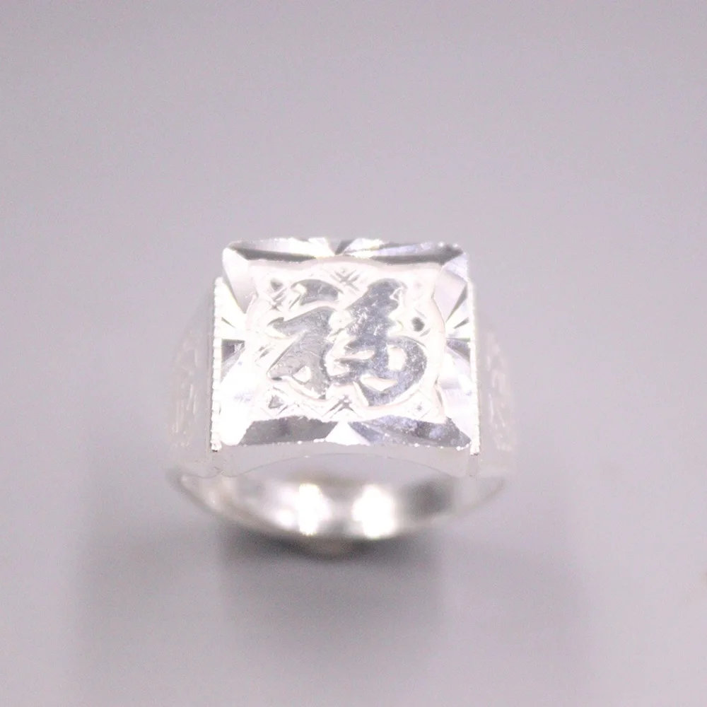 

Real Pure 999 Fine Silver Band Men Lucky Carved Characters Fu Square Ring 10-11g