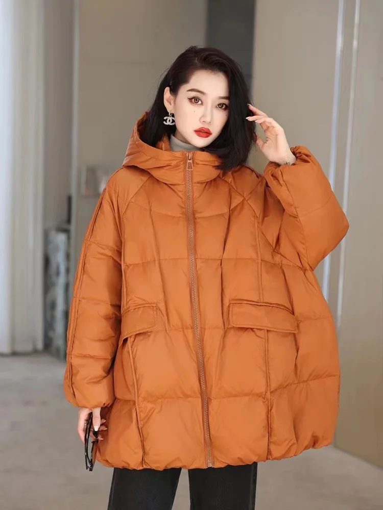 2023 Off Season New Down Jacket Women\'s Medium Long Hooded Large Loose Korean Thickened White Duck Down Winter Coat