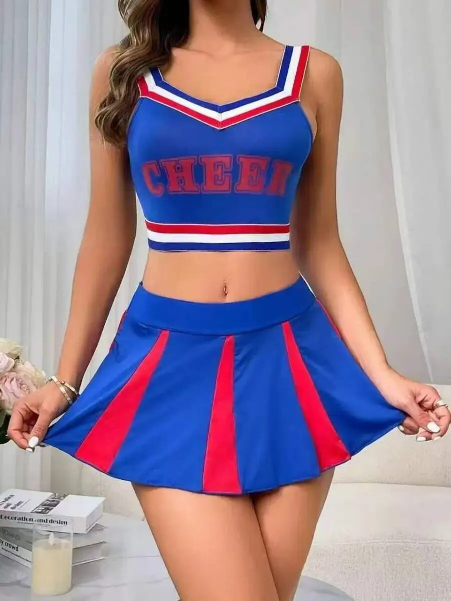 New Women's Fresh Blue And White Cheerleading Uniform Tight Sexy Casaul Pure Desire Elegant Style Skirt Sets Charming B92Y