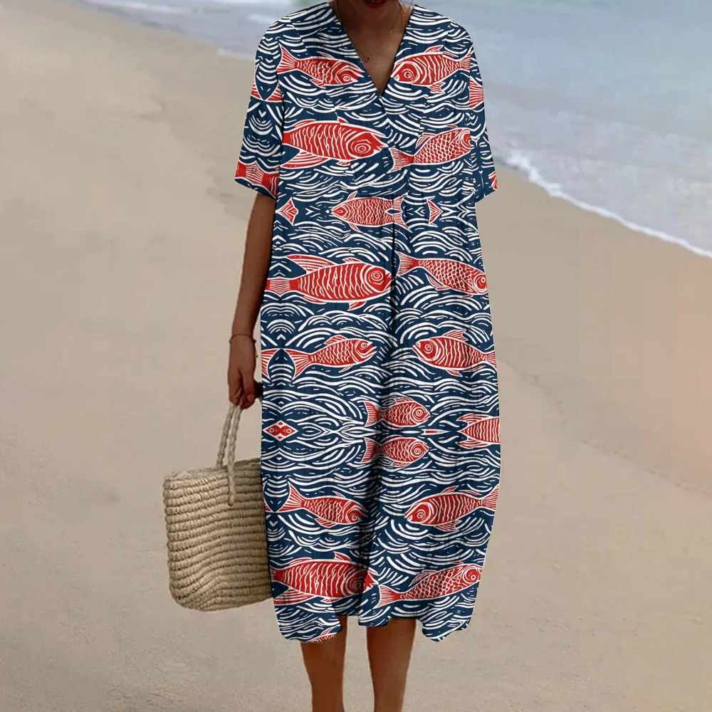 

Women's Vintage Wave Sardines Fish Print Dress, Loose Casual Dress, V-Neck Trend, New Vacation Party Dress, Traf Women's Clothes