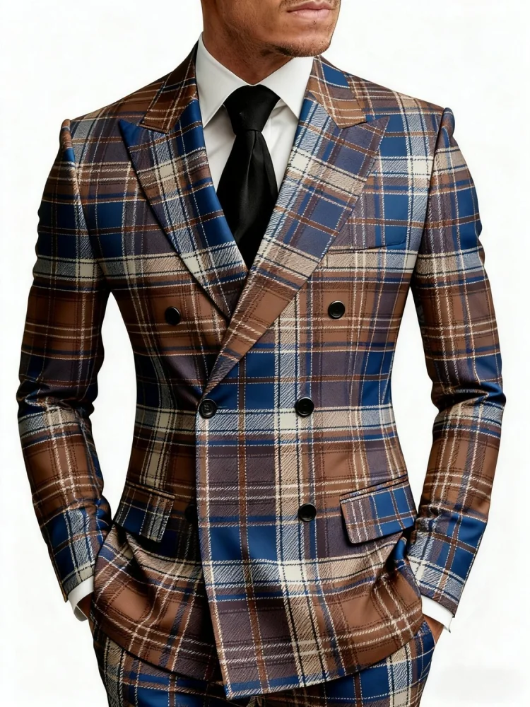 Mens Plaid Double Breasted Blazer Peak Lapel Slim Fit Formal Suit Jacket Men Wedding Business Outerwear