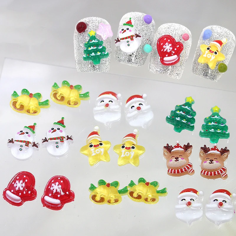 10Pcs Christmas Cartoon Nails Decoration Santa Claus Elk Bell Tree Resin Nail Charms Cute Jewelry Party Decoration Accessories