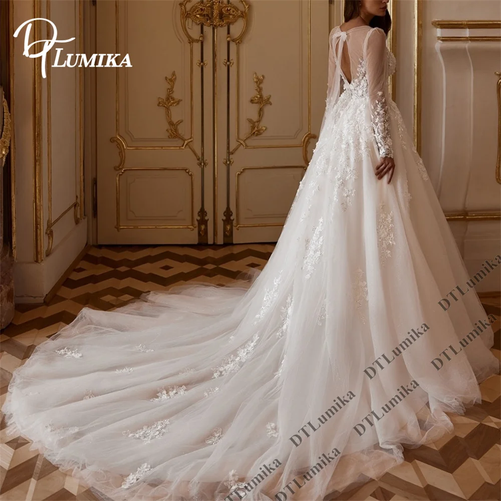 DTLumika Church Wedding Dress for Women, A-Line Long Tulle Bride Dress with Sheer Full Sleeves, Deep Cleavage Bridal Gown Lace