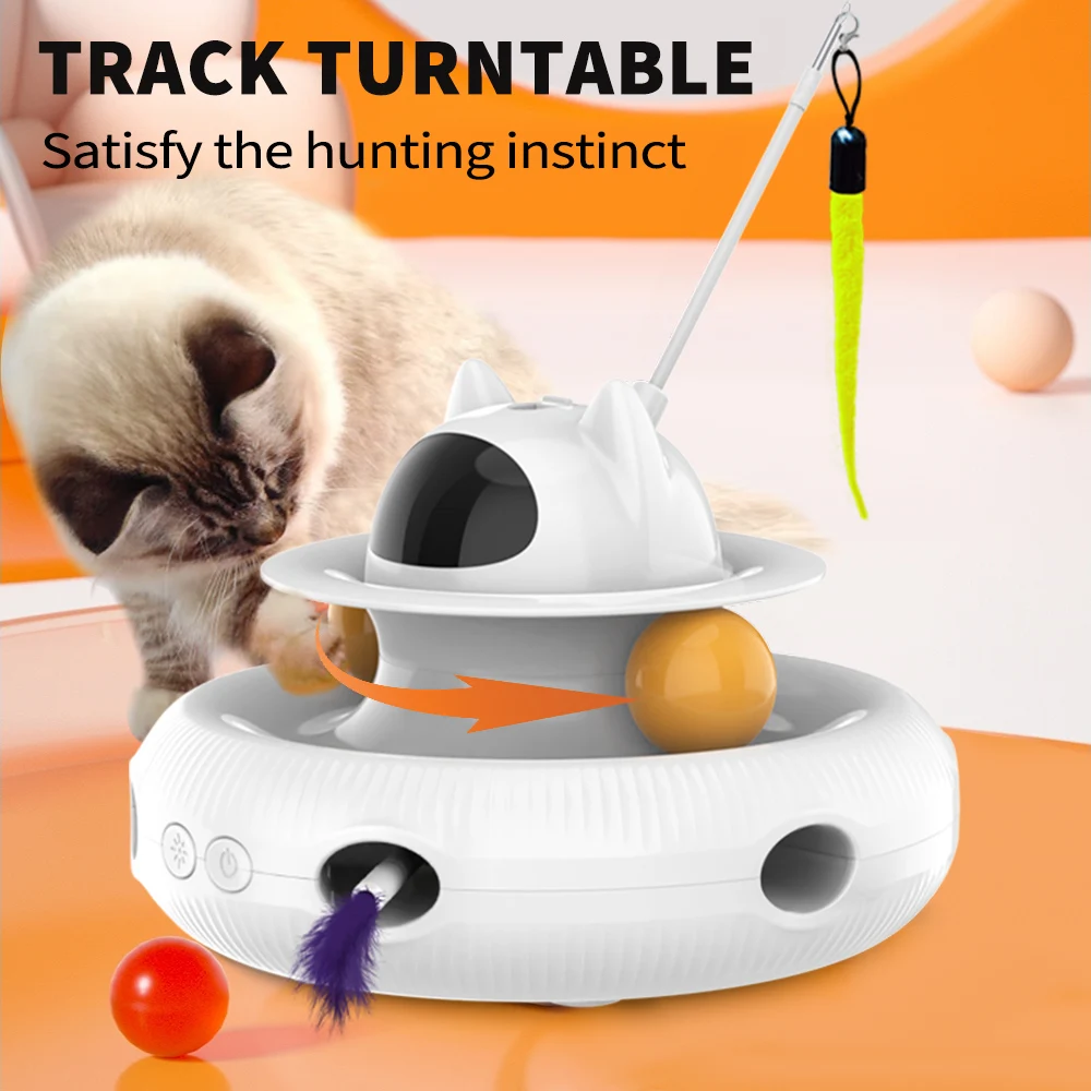 Moebypet Interactive 4-in-1 Cat Toy Rechargeable Feather Stick Laser Trackball Retractable Feather Popular Indoor Toys for Cats