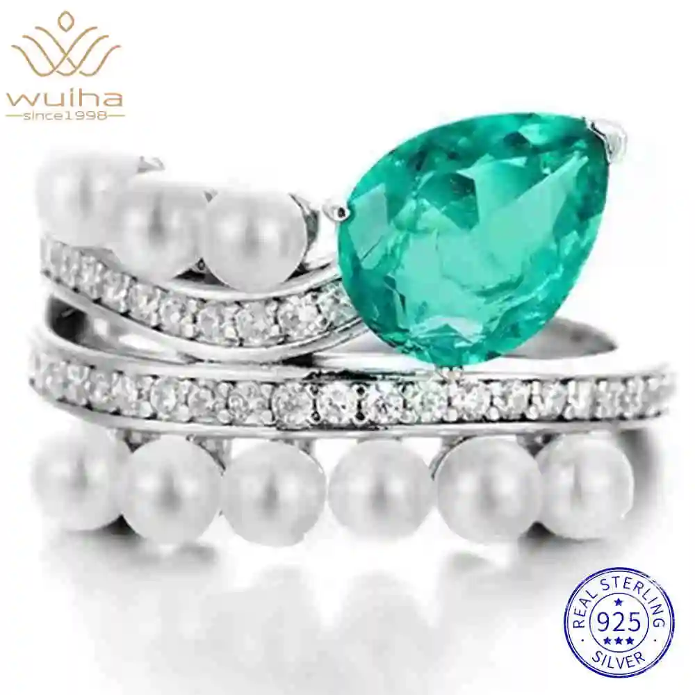 

WUIHA Vintage 925 Sterling Silver Pear Cut Emerald Pearls High Carbon Diamonds Gemstone Wedding Engagement Ring Fine Jewelry