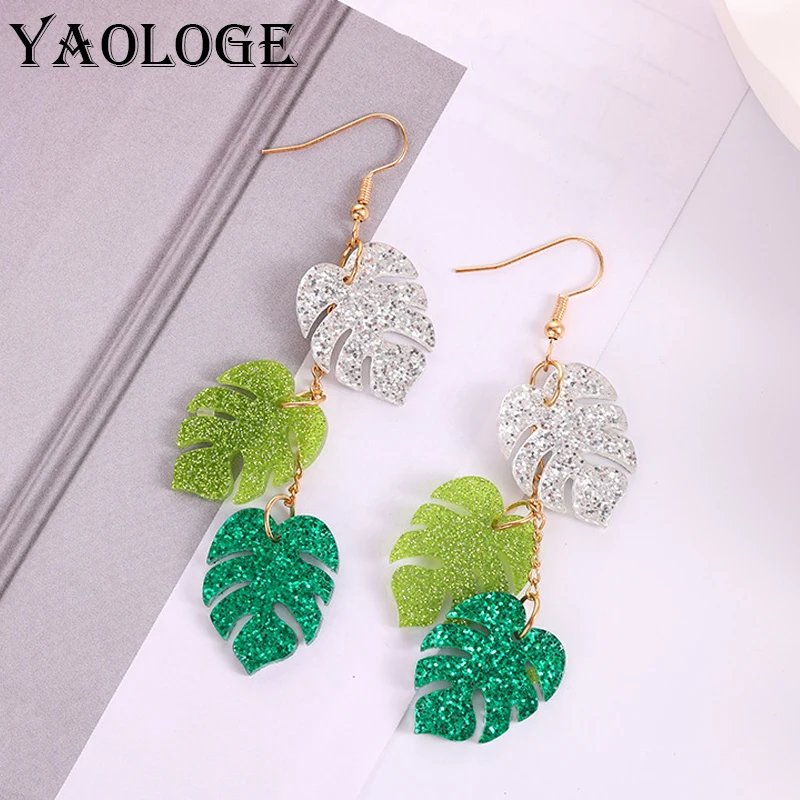 YAOLOGE Simple Originality 3-Color Leaf Splicing Glitter Earrings Exquisite Handmade Design Women's Acrylic Material Eardrop