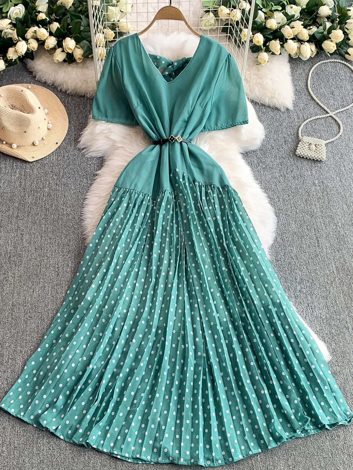 Retro Rode Polka Dot V Ne ort Sve Dames Dr 2025, Nieuwe Taille Cinching Afslanken Geplooide Maxi Rok Koreaanse Sle Pendelen