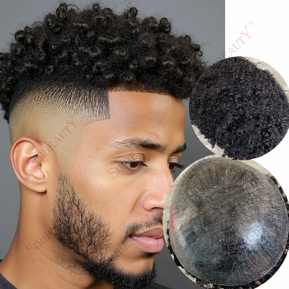 

Afro Mens Toupee Weaves Black Mans Wigs 10MM Kinky Curly European Human Hair Replacemnt System Skin PU Hair Prosthesi Unit Patch