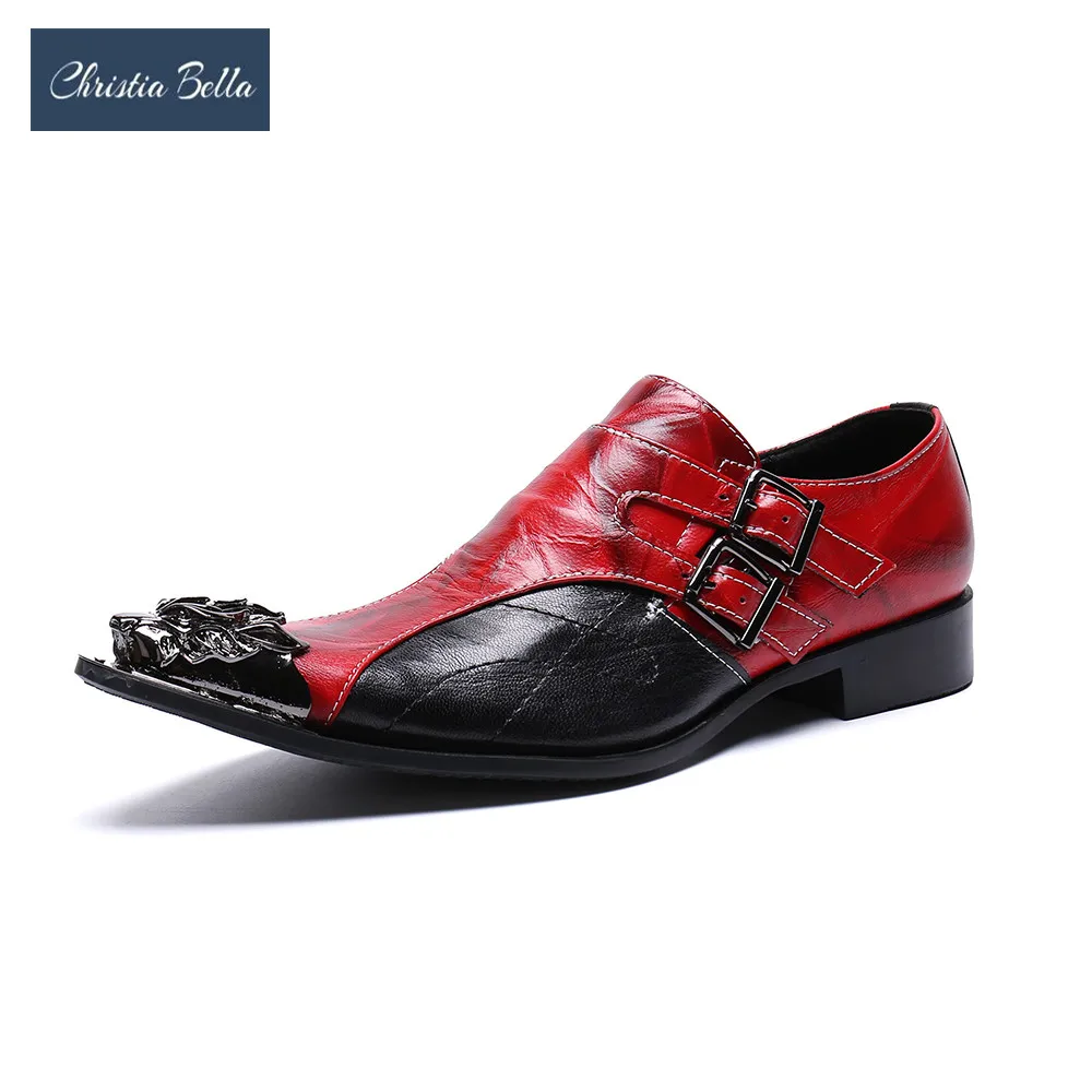 Handmade Red Men Metal Pointed Toe Brogue Shoes Wedding Prom Dress Shoes Male Plus Size Genuine Leather Formal Oxfords Shoes