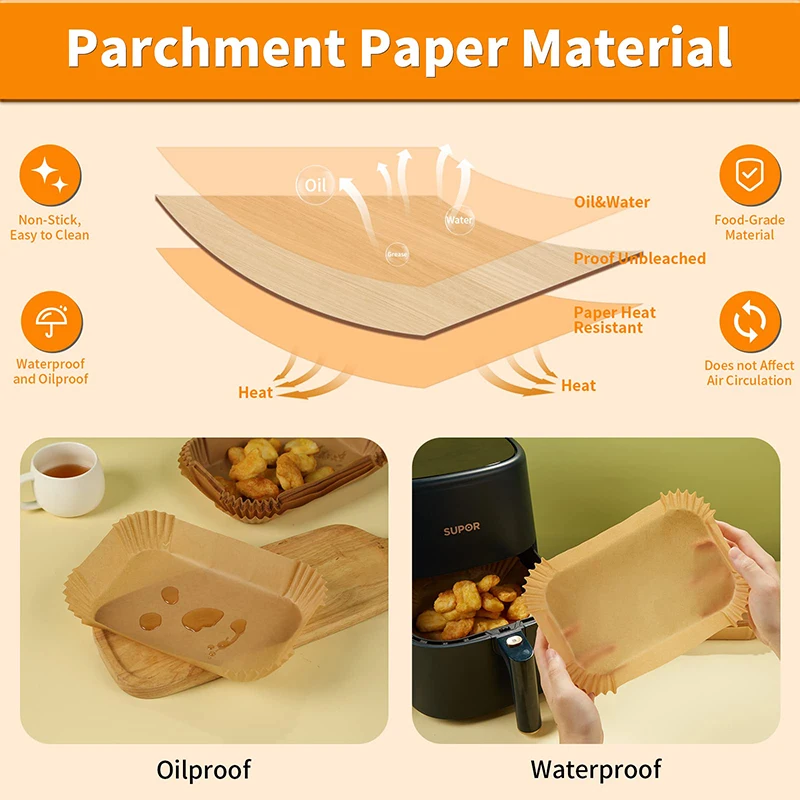 Large Rectangle Air Fryer Disposable Paper Liner 31cm Nonstick Airfryer Parchment Special Baking Paper for 2-10QT Cooking Basket