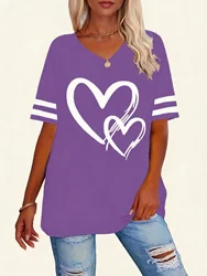 Plus Size Women Casual T-shirt Love Print V-Neck Short-Sleeved Top For Valentine's Day Gifts