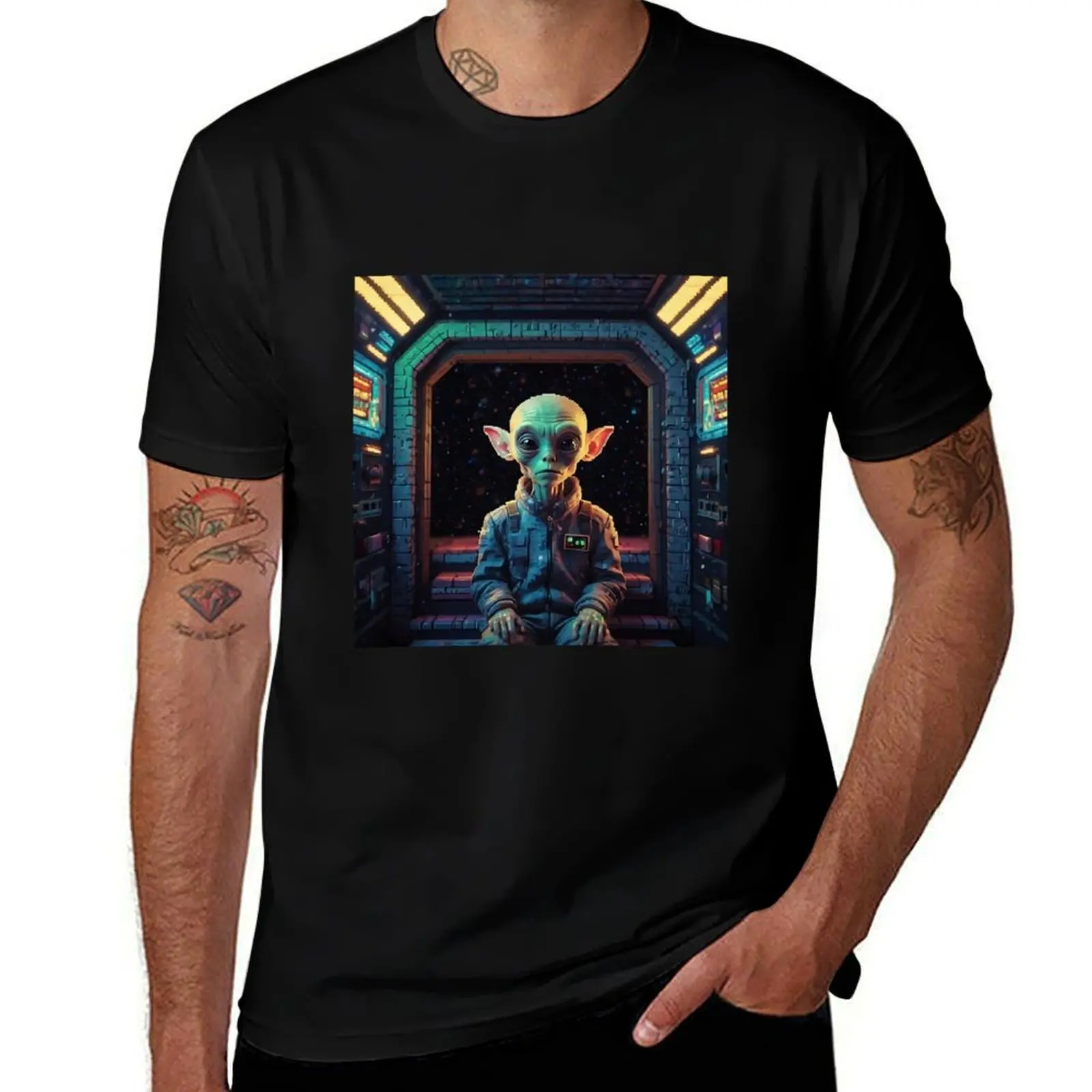 

Green Alien Staring Ahead Inside Spaceship Sci-Fi Space Creature Illustration T-Shirt cute tops sweat mens t shirt graphic
