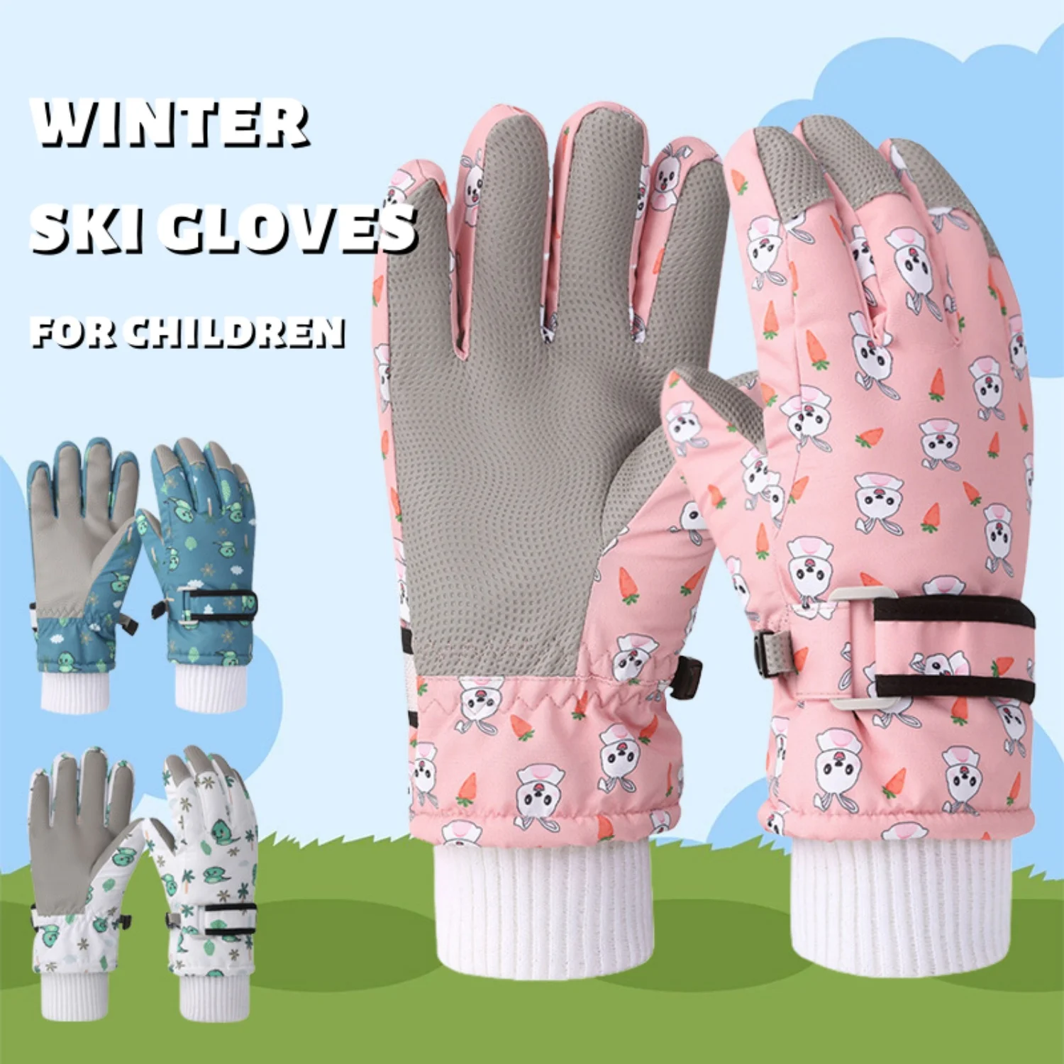 Winter Warme Ski Handschuhe Für Kinder Cartoon Graffiti Plüsch Touchscreen Handschuhe Radfahren Reiten Wasserdichte Fäustlinge Ski Zubehör