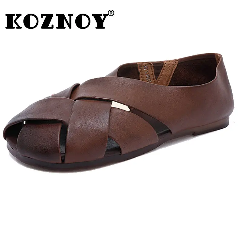 

Koznoy Women Summer Genuine Leather Sandals 2cm Breathable Soft Soled Hollow Flats Comfy Handmade Checkered Weave Ladies Shoes