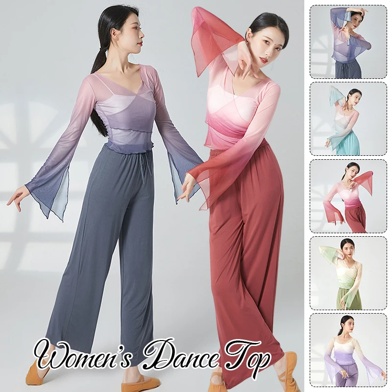 

Women Classical Dance Tops Gradient Color Lady Hanfu Elegant Ballet Yoga Shirts Folk Dance Practice Stage Performance Costume