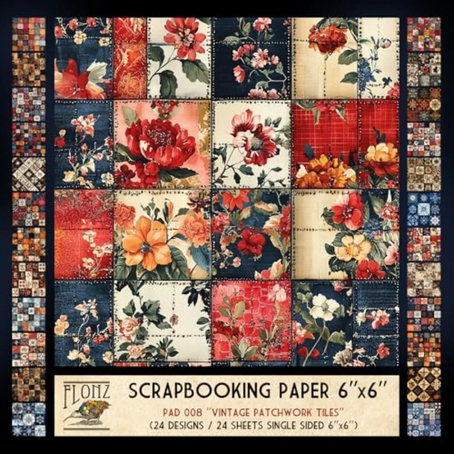

Scrapbook Paper 24 sheets 6"x6" Vintage Patchwork Tiles ~ A richly textured set of quilt-style square designs featuring floral,