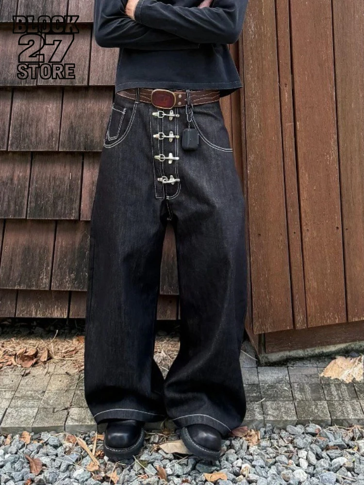 Mens Jeans Harajuku American Vintage Streetwear Buckle Design Curved Denim Pants Loose Fit Wide Leg Silhouette Unisex Fashion