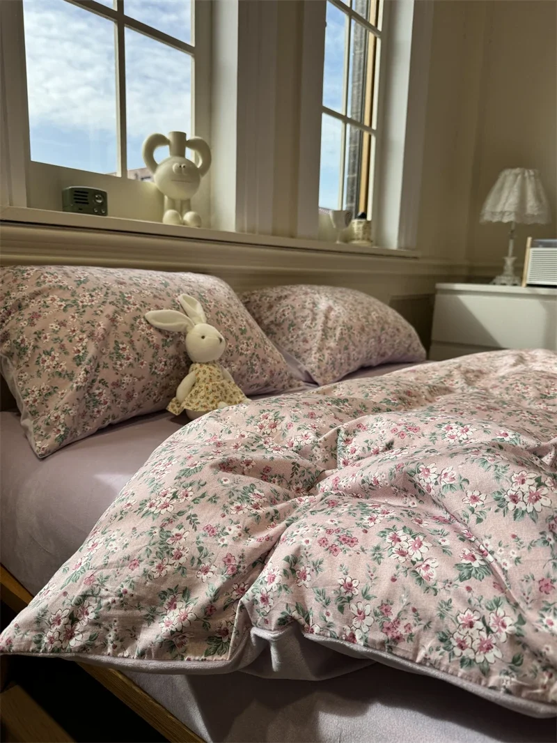 

ins pastoral purple floral cotton fleece four-piece set A-sided pure cotton B-sided baby fleece