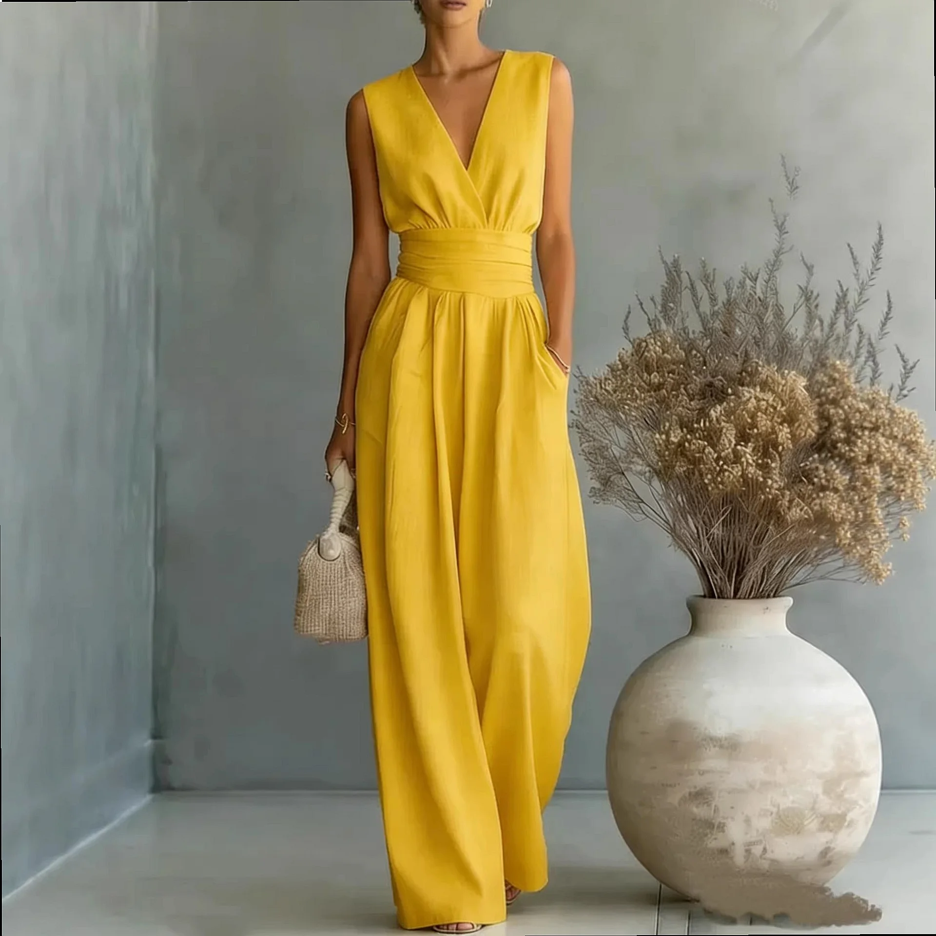 Elegant Sleeveless V-Neck Waistband Jumpsuit for Spring Summer, Women's Casual Overall Playsuit