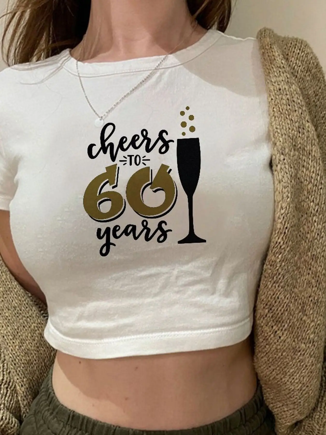 60th Birthday T-Shirt for Women White Crop Top Cheers to 60 Years Gold Champagne Graphic Tee Anniversary Party Gift