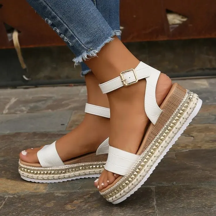 Clogs Wedge Buckle Low Sandals Woman Leather Shoes Lady 2024 Summer Heels Suit Female Beige Large Size Platform Low-heeled New S