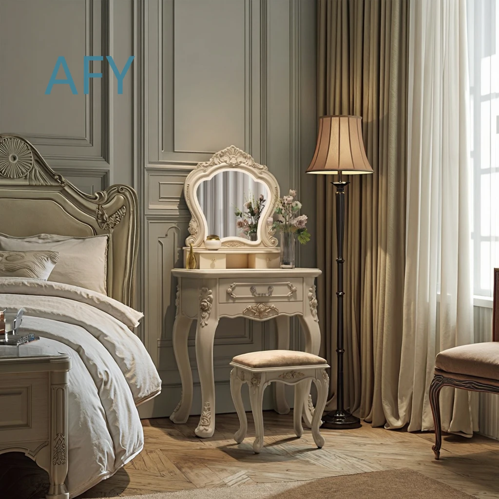 LED Lighted Wood Panel Dressing Table for European Style Vanity Desk White Luxury Retro Makeup Mirror Desk for Home Bedroom