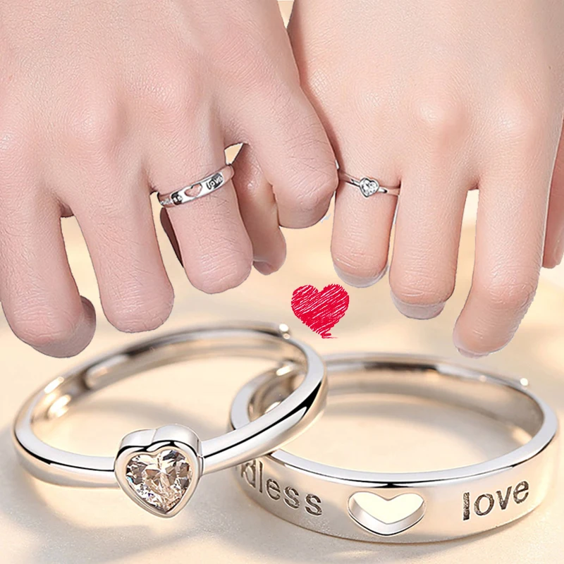 2Pcs Fashion Zircon Heart Matching Couple Rings Set Forever Endless Love Wedding Ring For Couple Charm Valentine's Day Jewelry