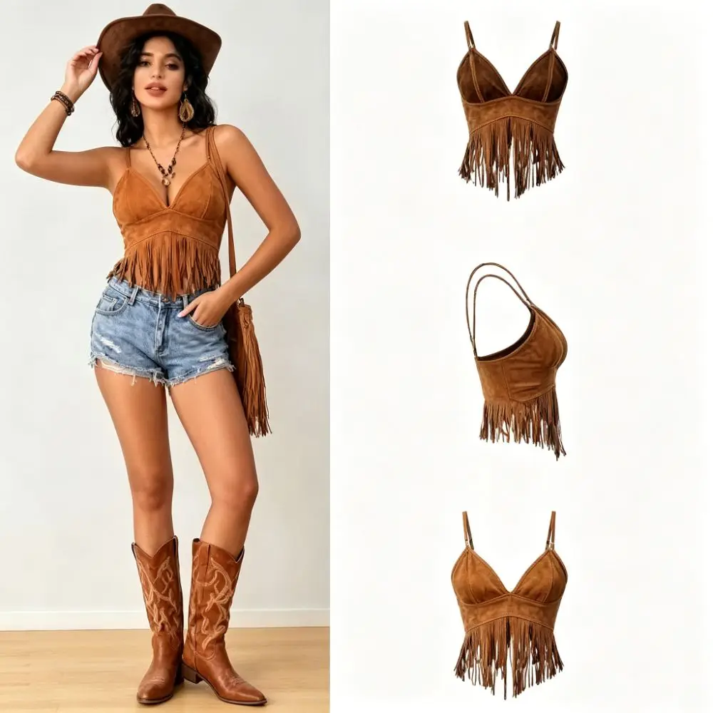 Vintage Faux Suede Women Crop Top V Neck Spaghetti Strap Camisole Top Tassel Trimmed Cowgirl Style Sleeveless Vest for Women