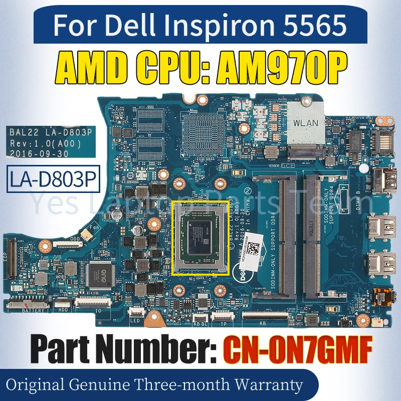 

BAL22 LA-D803P For Dell Inspiron 5565 Laptop Mainboard CN-0N7GMF AM970P AMD CPU 100％ Tested Notebook Motherboard