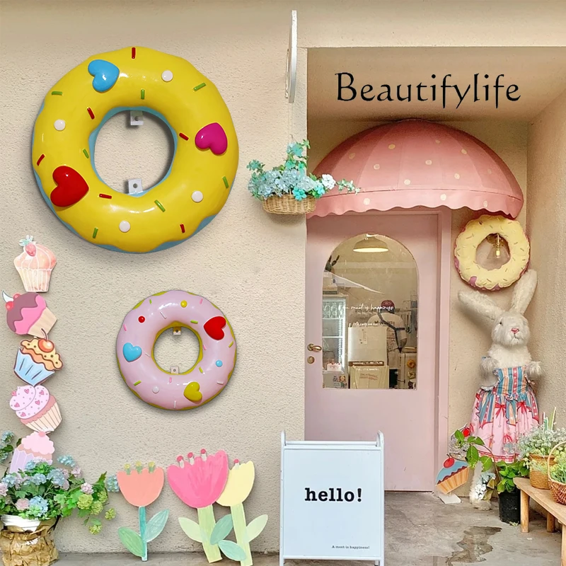 

Cartoon donut background wall shop photo clock in wall decoration milk tea shop dessert house door wall hanging