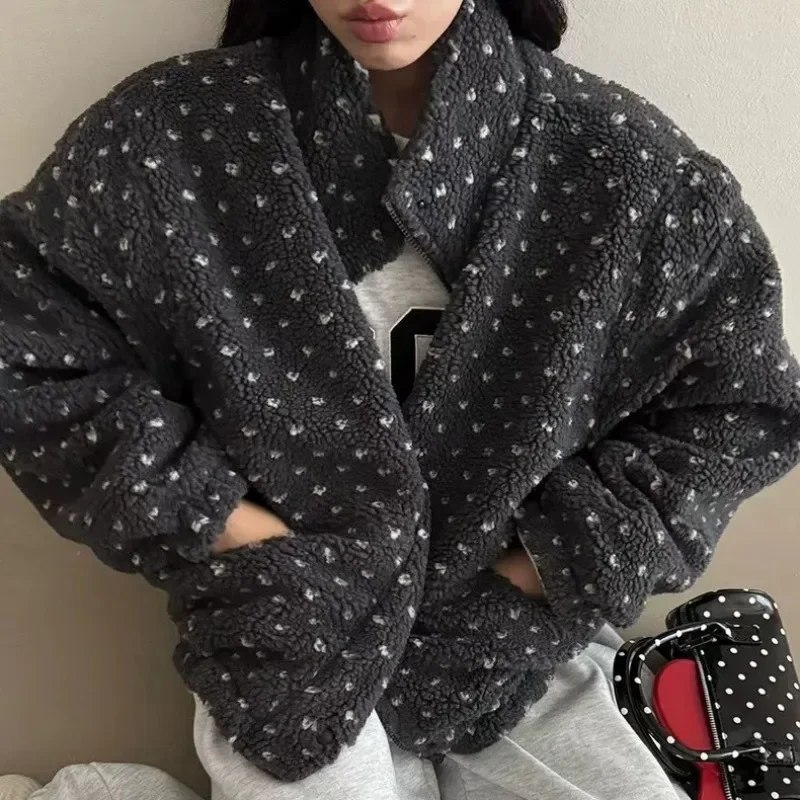 Korean Winter Standing Collar Heart-shaped Polka Dot Long Sleeved Warm Lamb Wool Jacket Retro Zipper Plush Cotton Commuter Coat