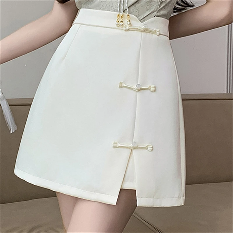 Seoulish-faldas acampanadas de estilo chino para mujer, minifaldas elegantes de cintura alta, Color sólido, informales, para oficina