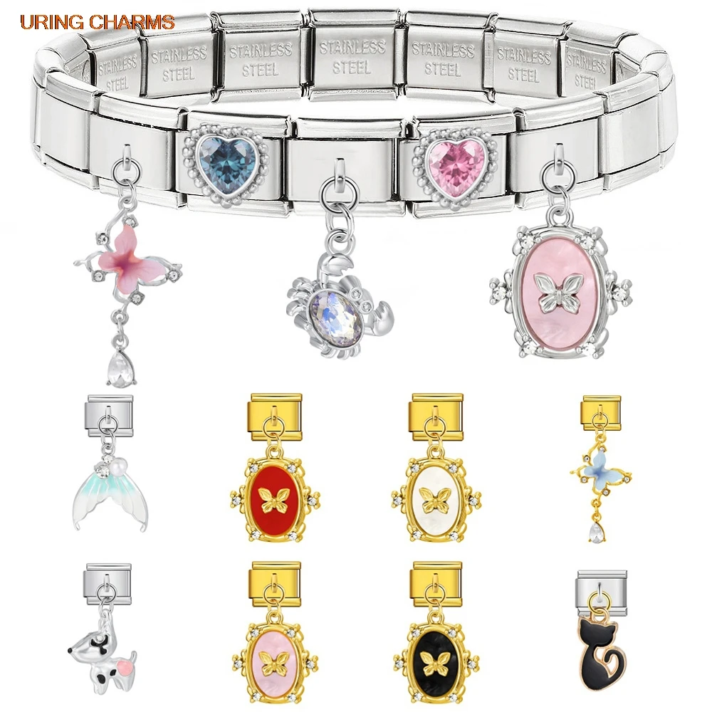Colorful Y2K Trendy Pendant Fish Tail Crab Puppy Butterfly Stainless Steel Italian Link fit 9mm Bracelet Gift Making Jewelry DIY