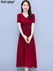 Red Chiffon Short Sleeve V-Neck Midi Dress Women Elegant Bandage Casual Beach Dresses 2024 Summer Black Party Prom Evening Dress