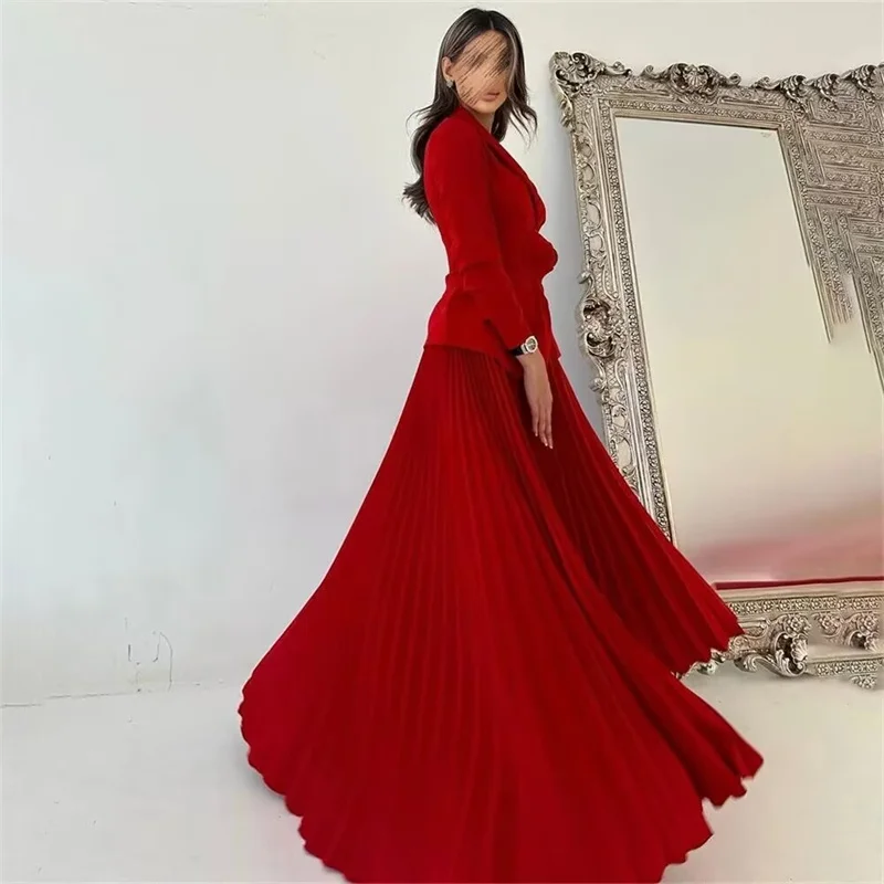 Red Long  Evening Gown Women Dresses 2 Piece Elegant Customized  A Line Evening Dress Long Sleeve  Floor Length Prom Dress