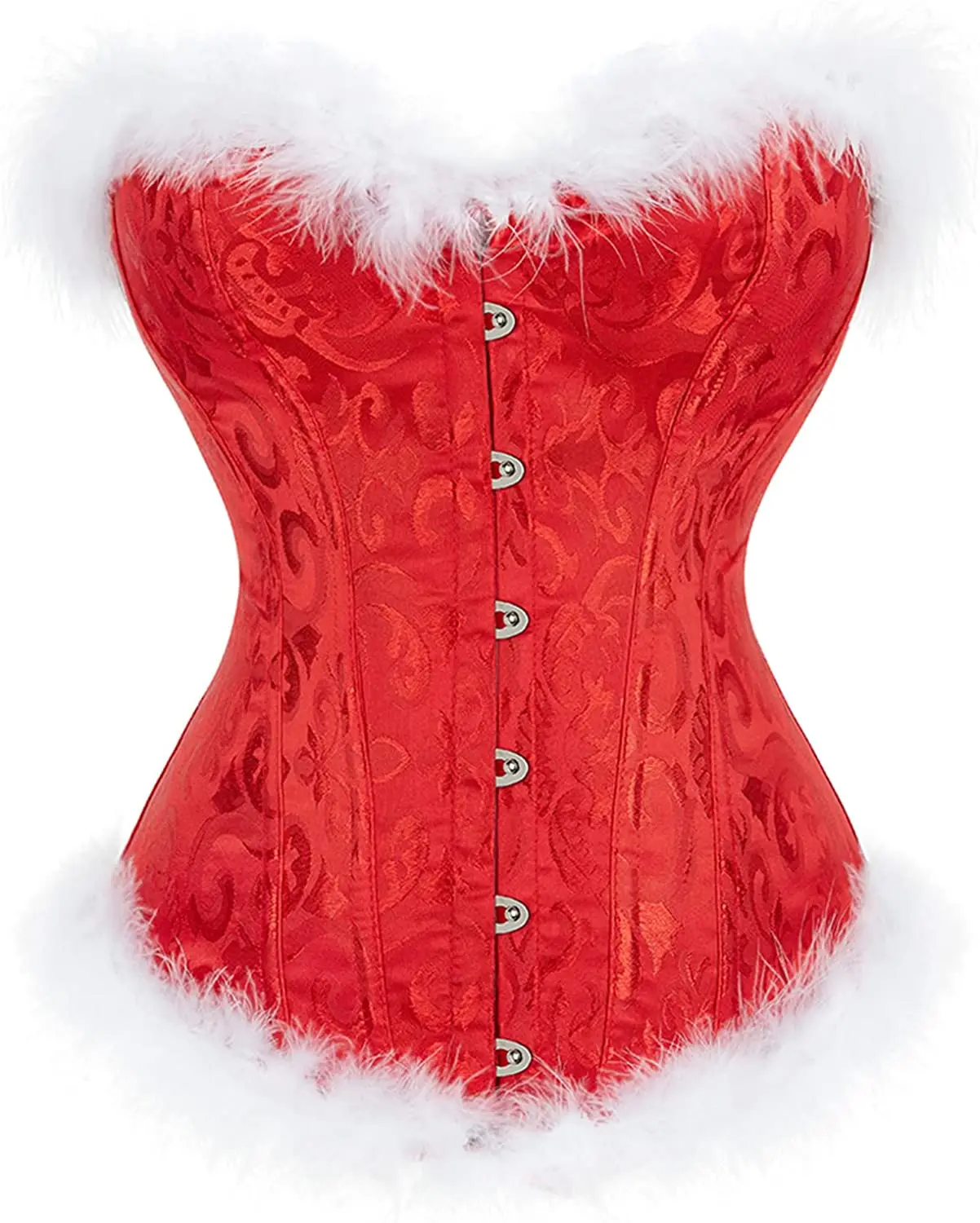 Women's Christmas Santa Corset Bustier Costume Sexy Lingerie Top White Feathers Corselet Overbust Plus Size Sexy Red Burlesque