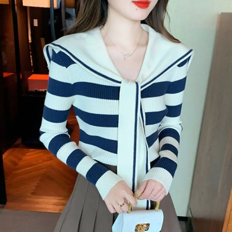 Sweter w paski z kołnierzem marynarskim, damski, jesienno-zimowy, nowy, koreański, patchworkowy, dzianinowy, wąski, dopasowany top Tee, odzież damska