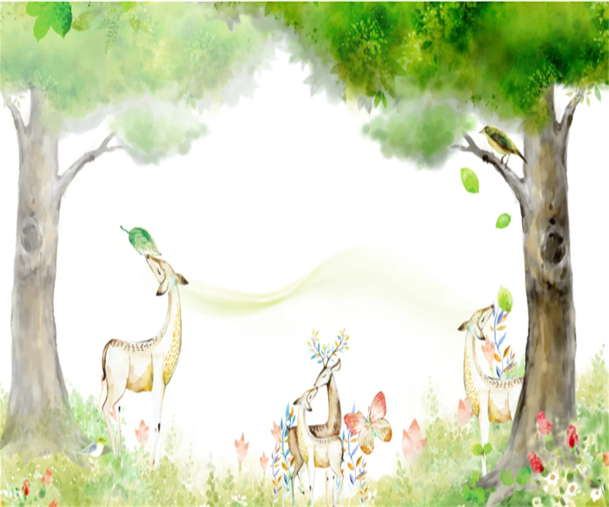 

Customized wallpaper Nordic modern Cartoon Green Tree House animal living room sofa TV background wall painting 3d wallpaper
