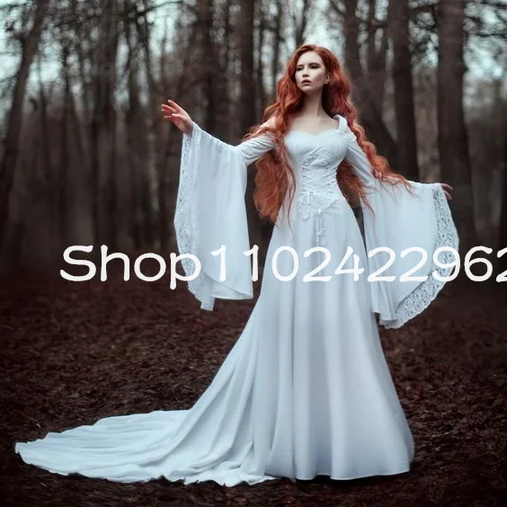 White Renaissance Fairy Tale Medieval Wedding Dresses long sleevee lace stain vintage costume halloween bridal gown customsized