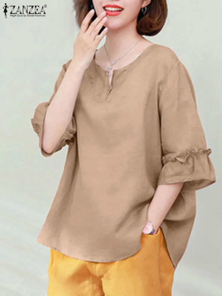 Zanzea Zomer Dames Elegant Ruches Shirt V-Hals Blouse Met 3/4 Mouwen Mode Massief Werk Tops Vakantie Tuniek Casual Losse Chemie