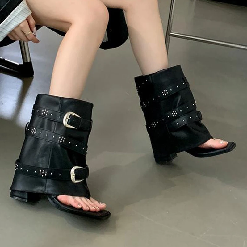 

Black Ankle Boots For Women Sandals Block High Heels Punk Belt Buckle Flip-Flops Ladies Shoes Summer Designer Women Shoese Botas