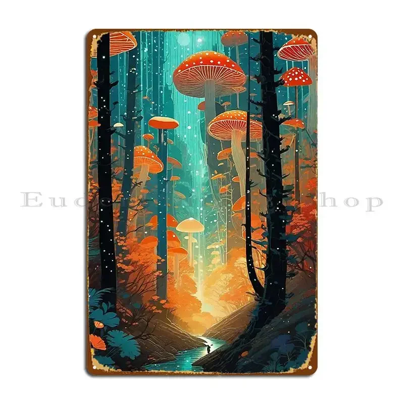 Lost In The Forest, hongos mágicos, fractales psicodélicos futuristas, arte de fantasía, placa de metal, póster, club de cine, diseños divertidos