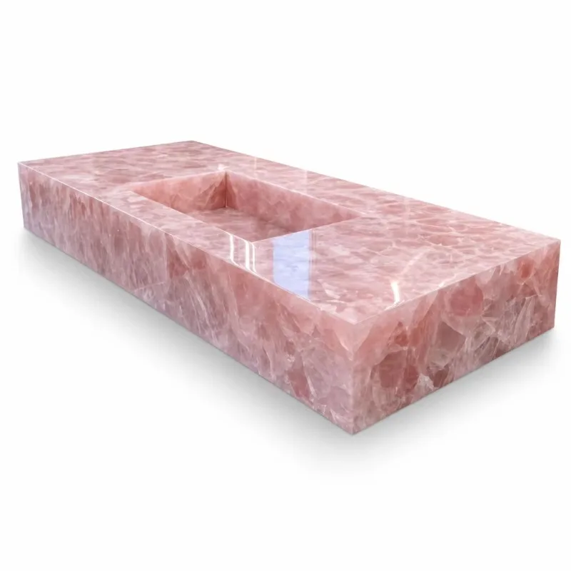 Luxurious pink crystal quartz floating bathroom integrated wall-mounted washbasin