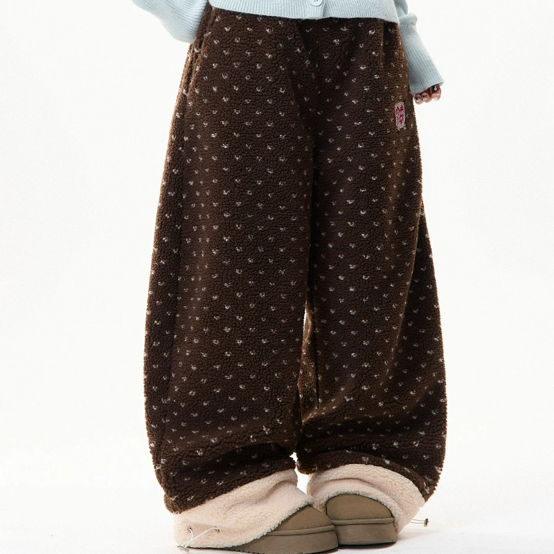French Retro Design Floral Splicing Lamb Wool Women's Pants 2025 Winter New Loose Thin Versatile Warm Wide-leg Trousers Ladies