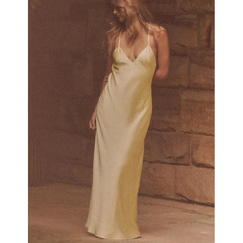 E vestido de verano para mujer, con cuello en V, sin mangas, con tacto satinado, estilo playero, largo, con cintura na...