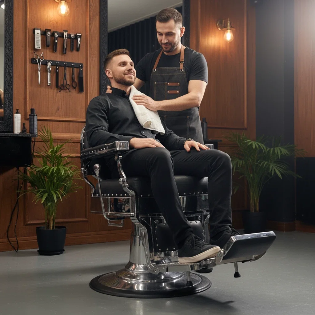 

Classic Vintage Belmont Barber Chair in Aluminum Design with Hydraulic Pump Reclining Feature for Hair Salon