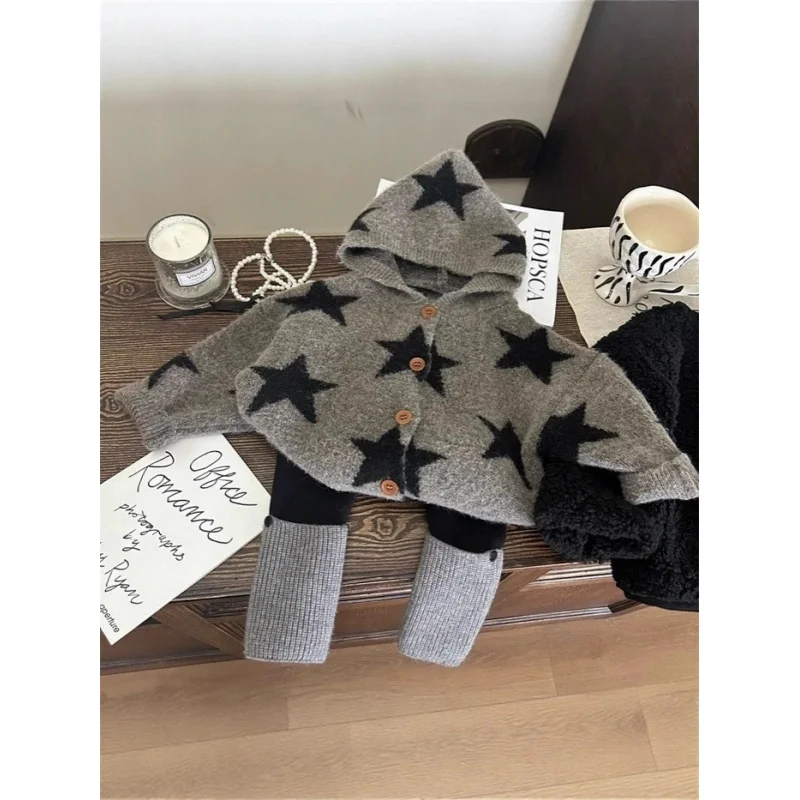 

2025Autumn Winter Small and Medium Children Full Print Star Hooded Sweater Cardigan Boys and Girls Baby Knitted Top