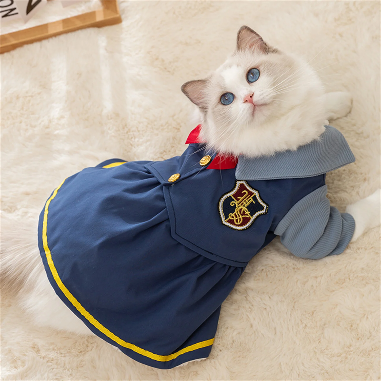 Navy Suit Costume Student Uniform With Red Bow-Knot Cute Skirt Warm Clothes For Cats And Dogs