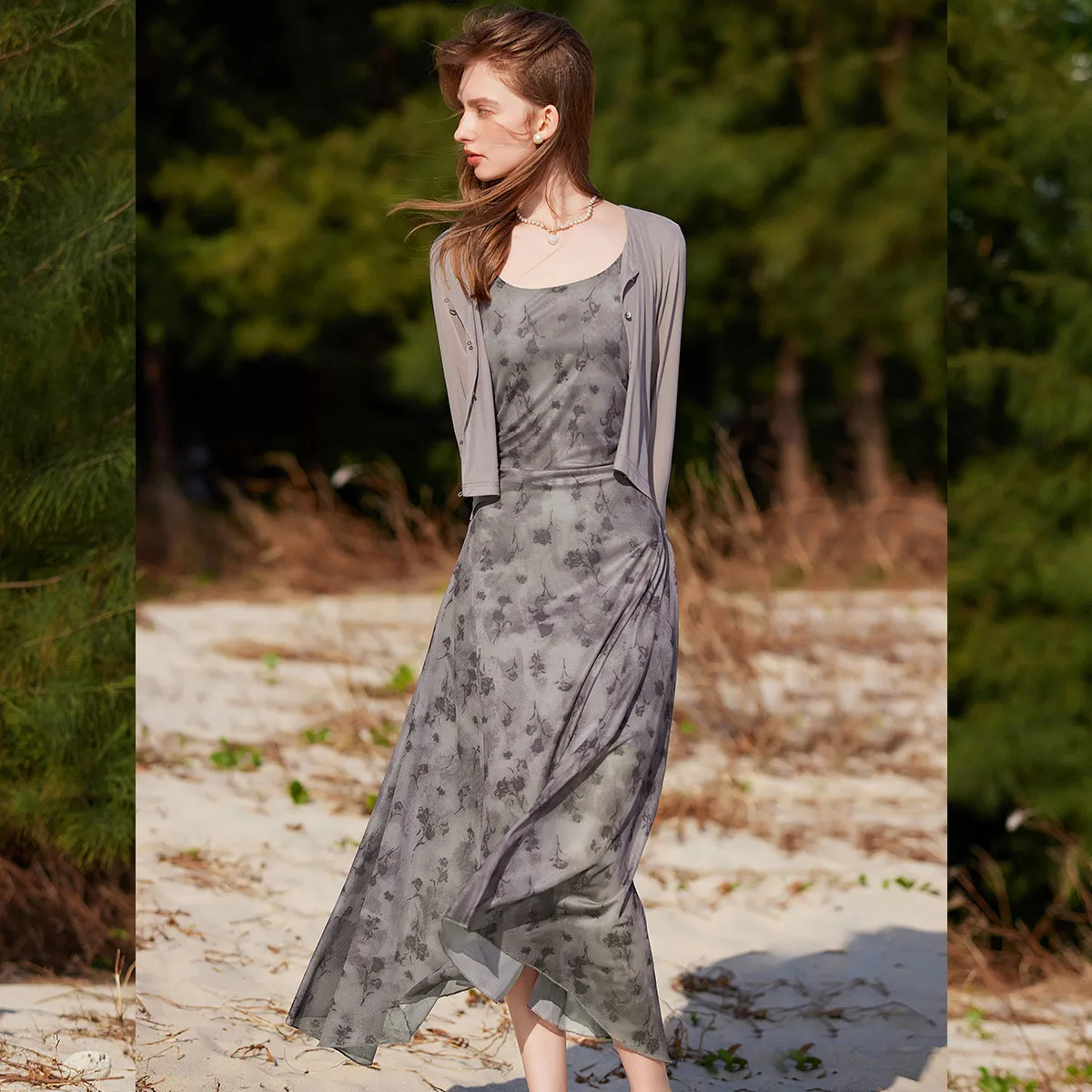 LOUIS YAO جديد بروتيل فستان طويل سترة المعطف الخارجي قطعتين مجموعة 2025 صيف جديد Shiring تصميم أنيق فستان نسائي مجموعة