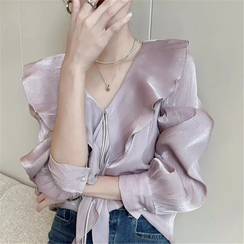

Casual Women's Blouses Solid Color Vintage Tops Fashion Loose Summer French Clothing Long Sleeved Ruffled Korean Women Shirts